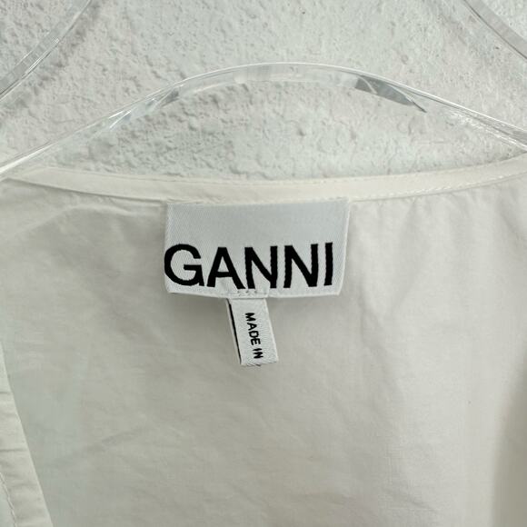 Ganni Puff Sleeve Wrap Top Women Size 40 US 10 Bright White Poplin V-Neck Cotton - Picture 7 of 10